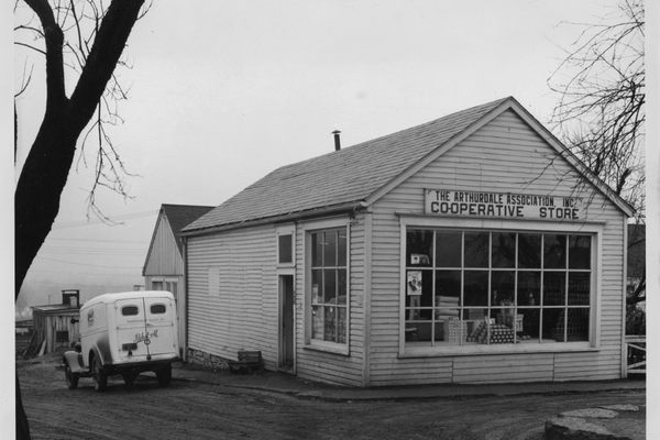 Archival view of the co-op general store in Arthurdale, WV