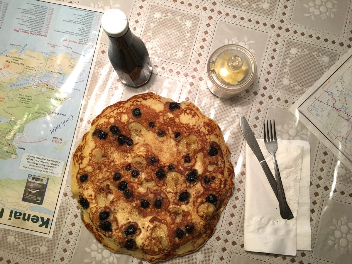 The Talkeetna Roadhouse's sourdough pancakes are bigger than the plates they come on.