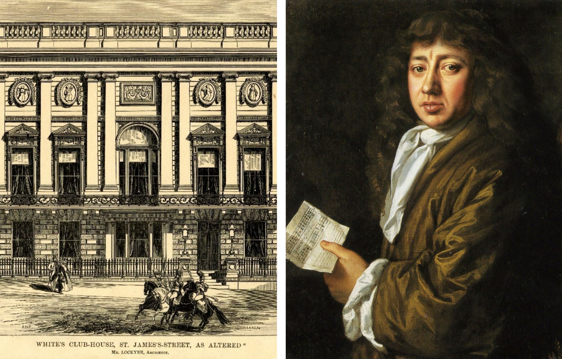 From left: The view from the street of the front of White's Club House, St James's Street; a a painting of Samuel Pepys.