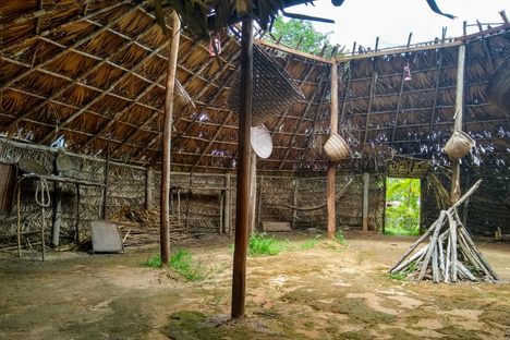 Inside view of a representation of a communal structure from an Amazon village.