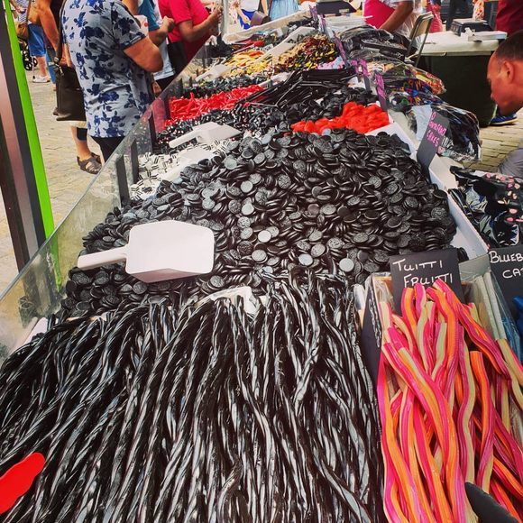 An array of licorice allsorts, including Pontefract cakes, at the festival.