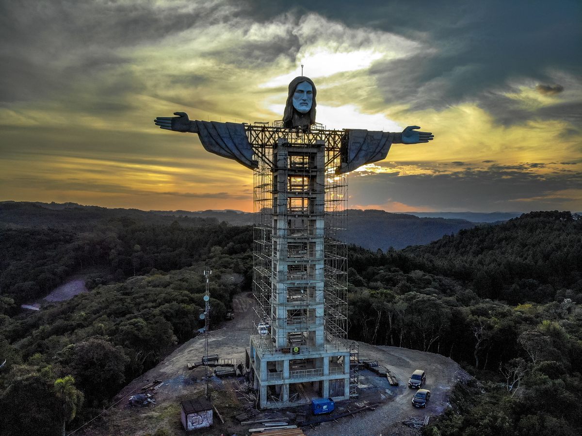 The Christ the Protector statue is under construction in Encantado, Brazil, on April 9, 2021. It will be larger than Rio de Janeiro's Christ the Redeemer, and the third-largest in the world. 