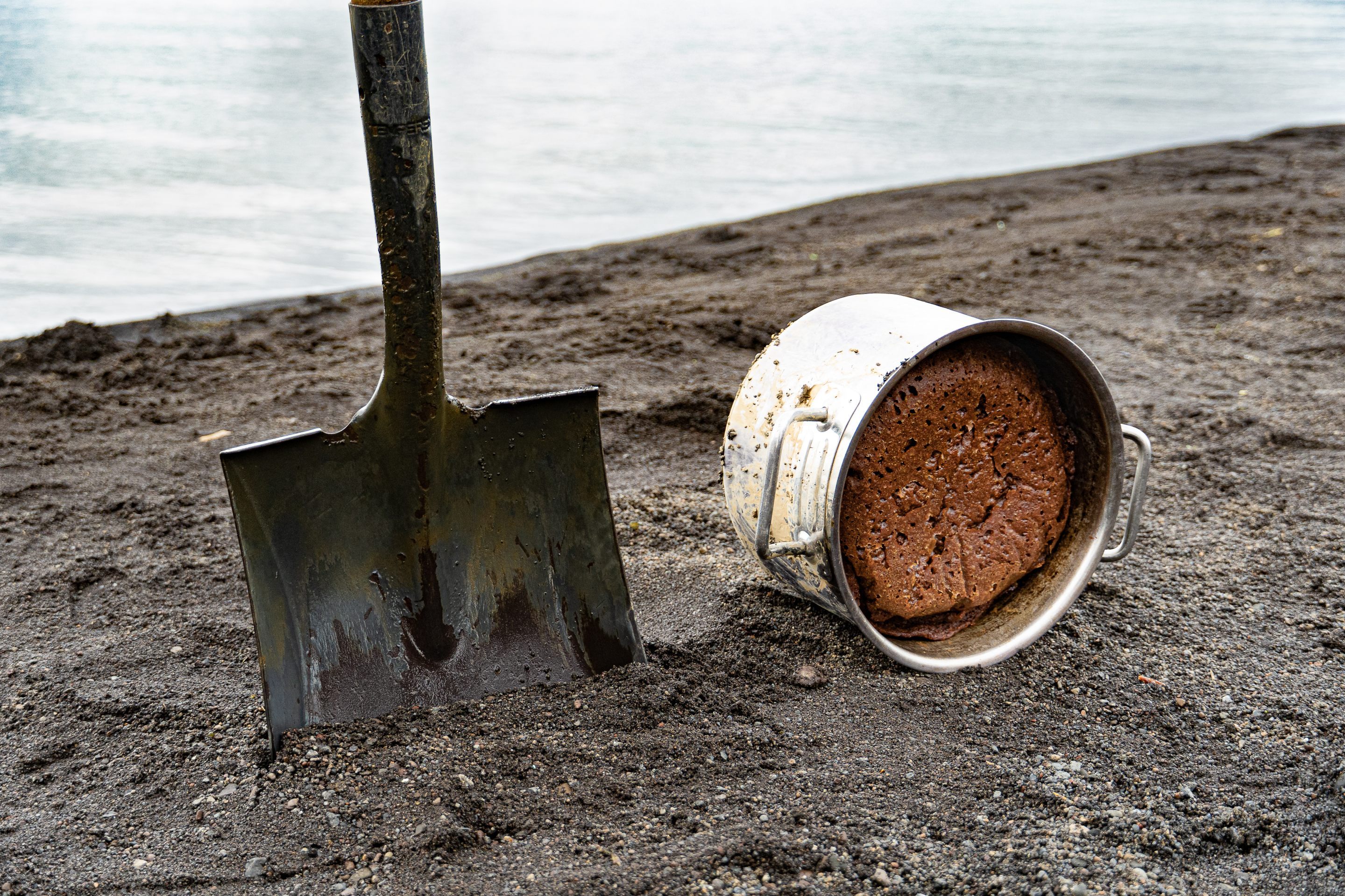 A freshly-baked loaf of rye bread sits on the shores of Lake Laugarvatn.
