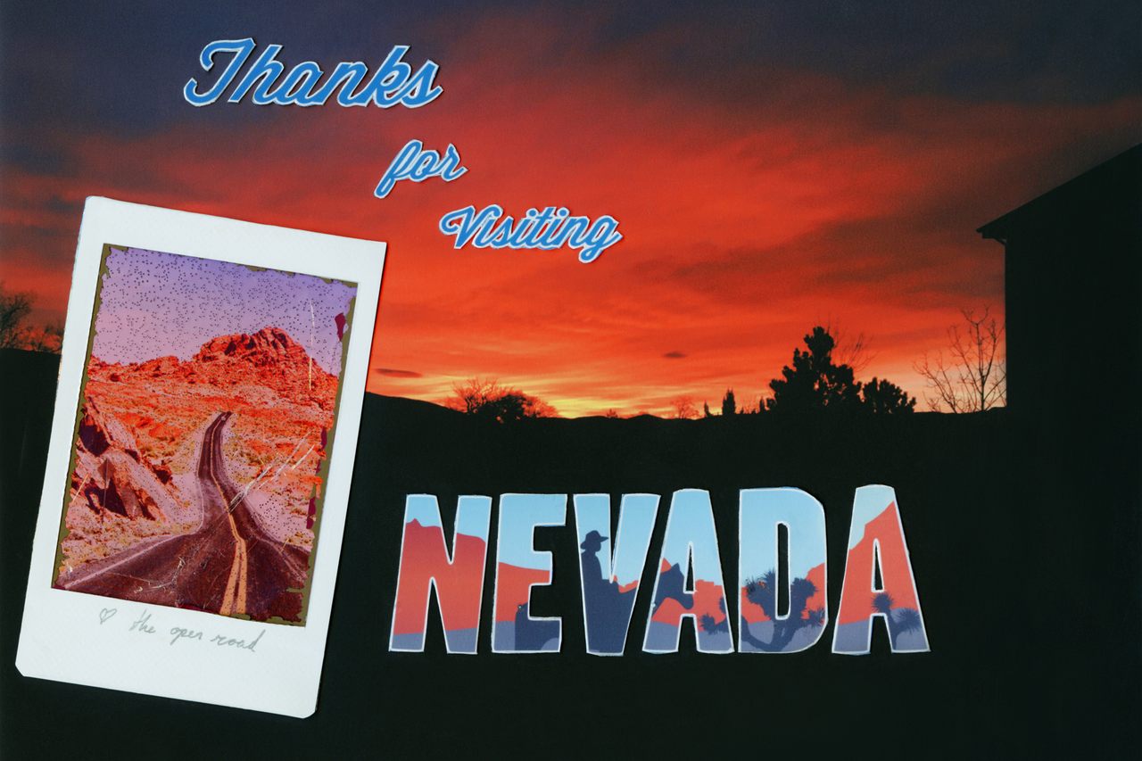<em>Thanks for Visiting</em> by Francesca Berrini and Lindsey Rickert combines imagery of a sunset over Fernley, a polaroid found at <em>Seven Magic Mountains</em>, and pictures of signage outside Rhyolite to create an old-fashioned post card in homage to the Silver State. 