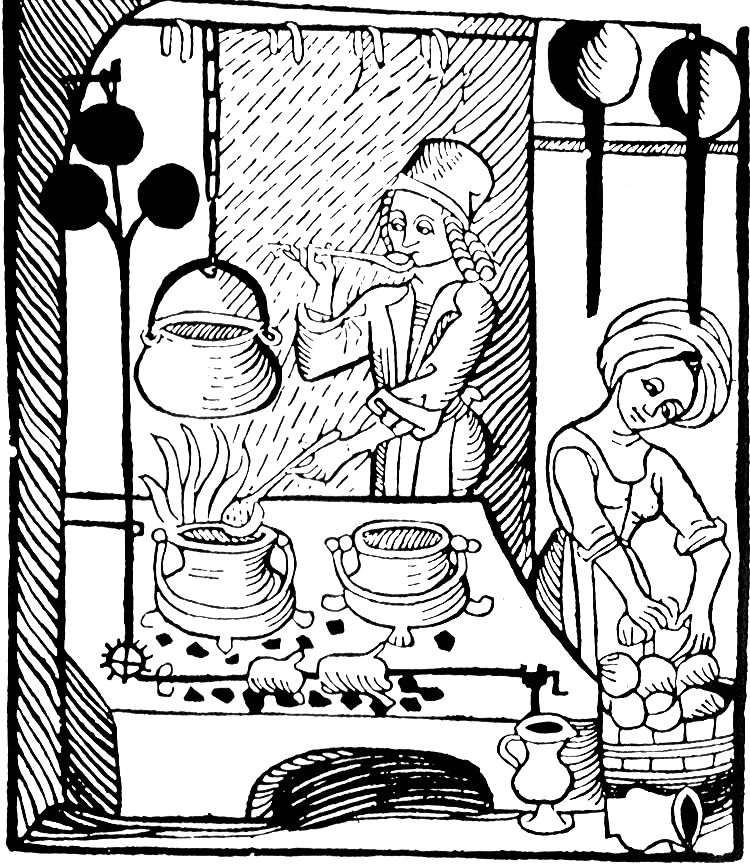 A woodcut showing a medieval kitchen. 