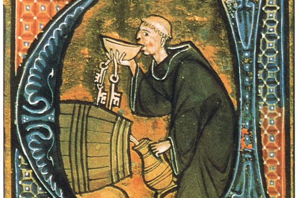 A medieval illumination showing a monk tasting wine or beer, from Li livres dou santé, late 13th century. 