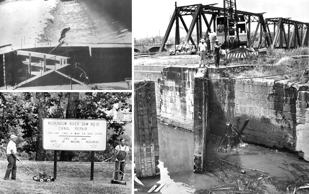 Historical photos of locks on the Muskingum (clockwise from top left): opening the lock in winter, clearing the lock of debris c. 1965.; Curtis's predecessors, c. 1955. 