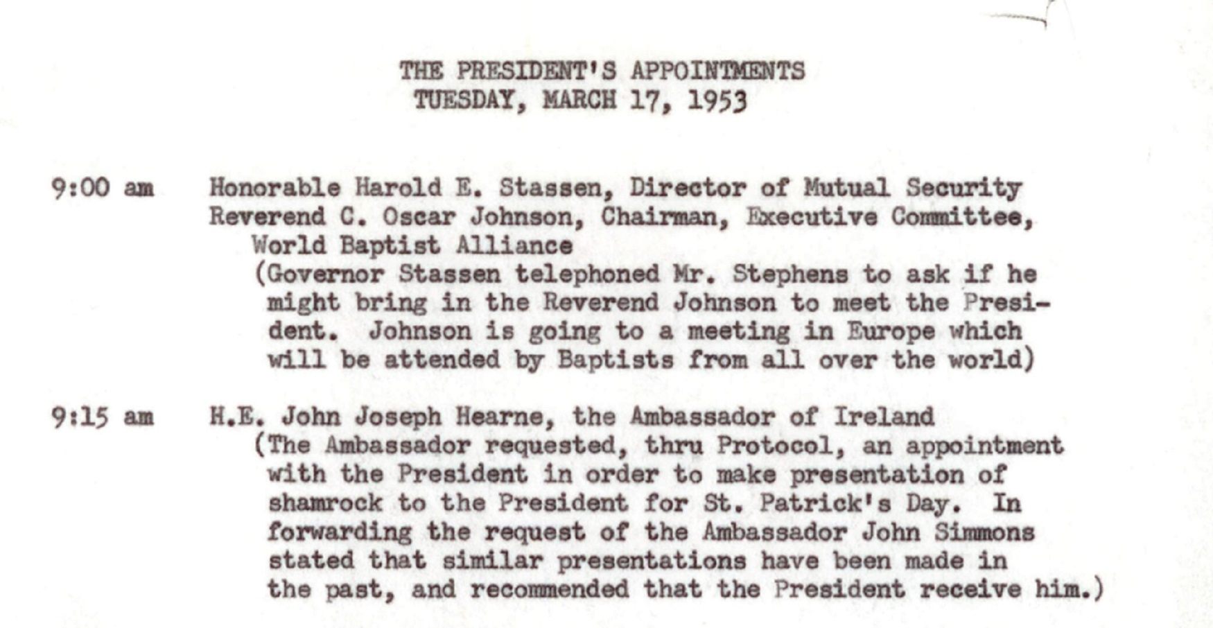 An excerpt from Eisenhower's 1953 appointment calendar.