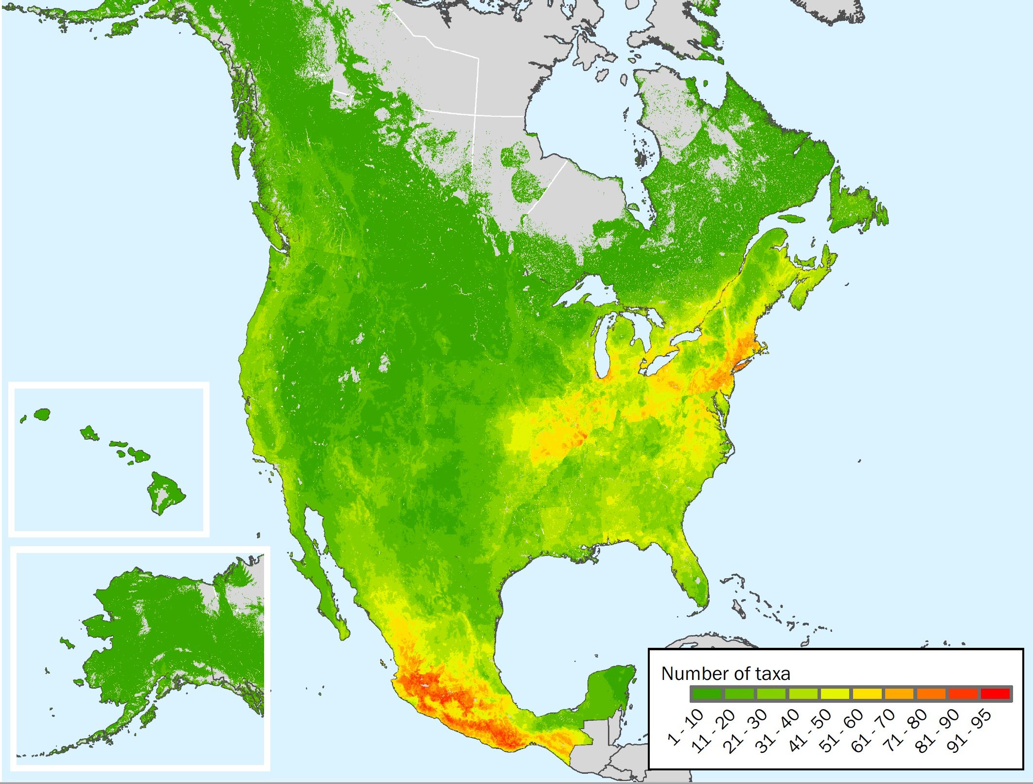 This map shows the concentration of different wild-plant relatives across North America. Darker red patches include the most species diversity.