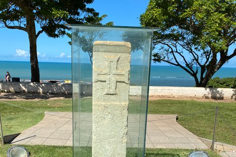 The Discovery Landmark, carved with a cross 