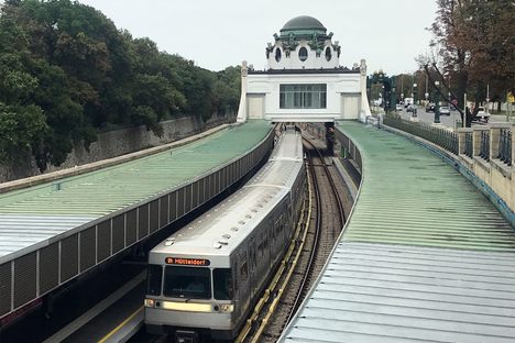 The pavilion viewed from the bridge beside Hietzing station.