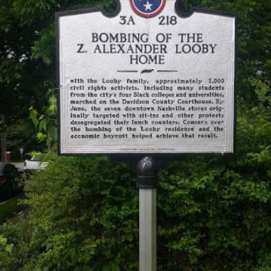 Placard detailing the bombing of the Looby House, erected by the State of Tennessee.
