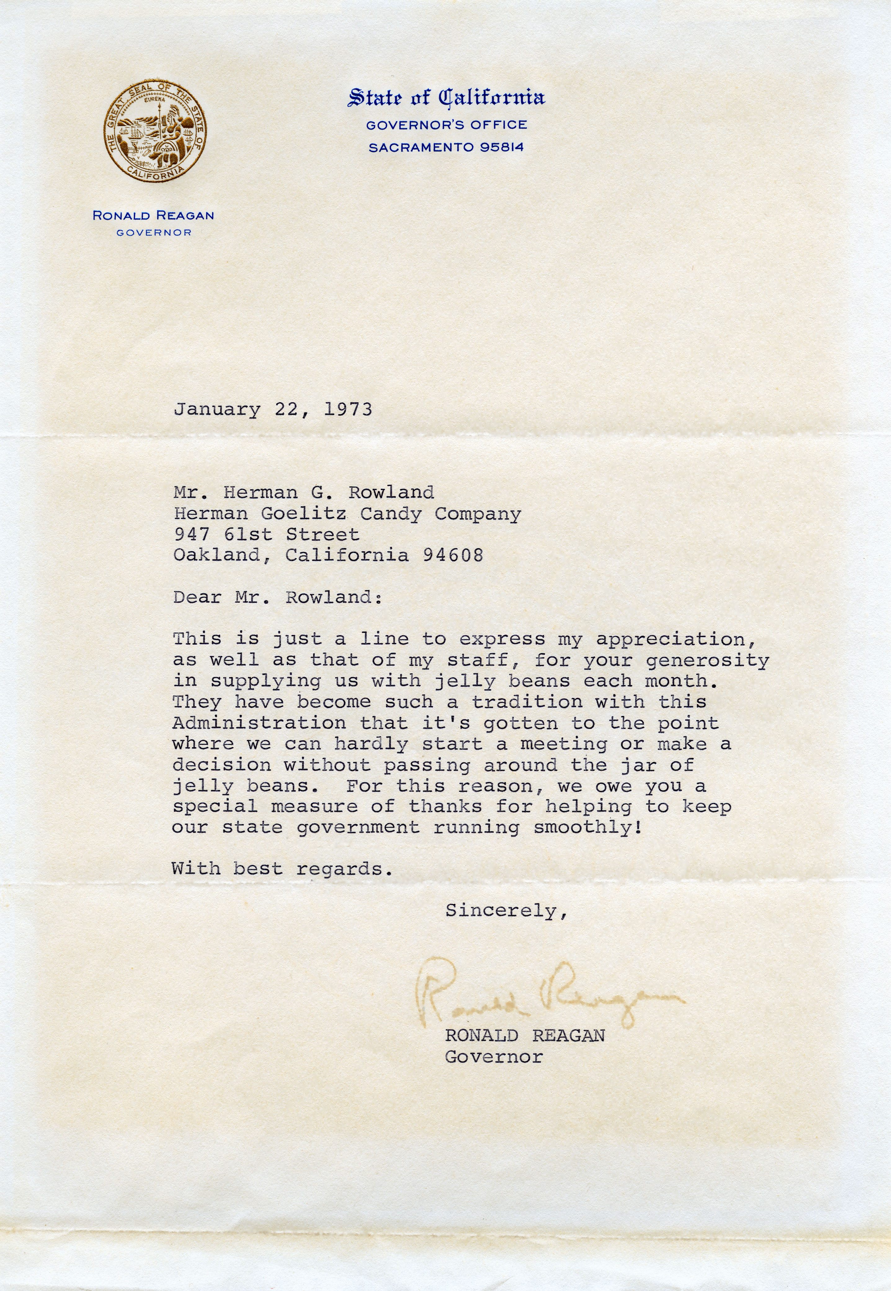 Reagan's letter to the Jelly Belly Candy Company, then known as Goelitz Candy Company, 1973.