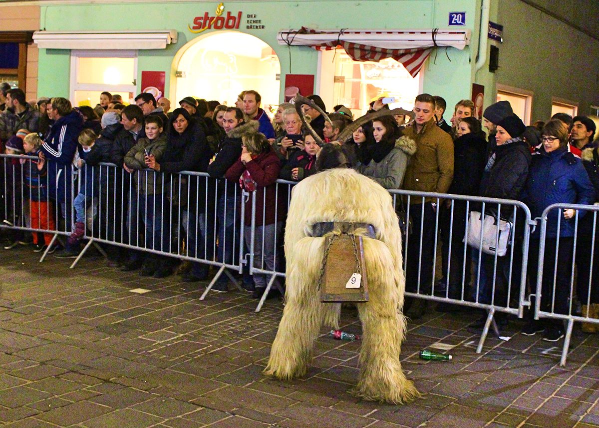 Krampusglocken, or Krampus bells, warn that the beast is on his way, like an inverse jingle bell. The back bells also act as a counterweight to the mask, which can be extremely heavy. Pulling on a mask can injure the performer’s neck.