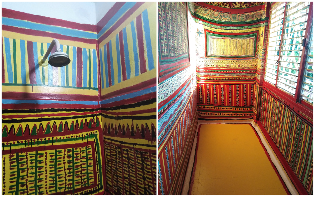 Every inch of the formerly white walls has been painted with Yemenite patterns.