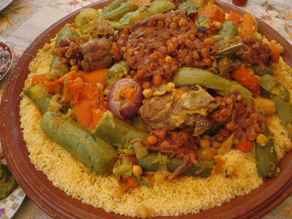Moroccan couscous typically comes topped with seven vegetables.