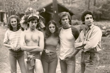 The cast of 1980's Friday the 13th, including a not-yet-Footloose Kevin Bacon (second from right).