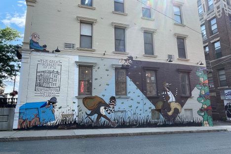 A mural depicts a slightly different version of the Northampton bank robbery of 1876.