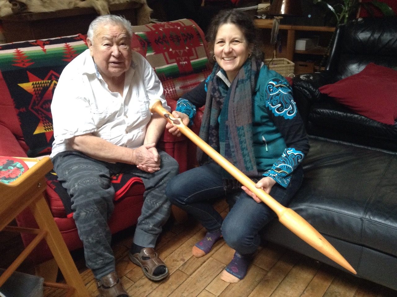 Clan Chief Kwaxsistalla Wathl’thla (Adam Dick) talks to Dana Lepofsky. Chief Kwaxsistalla was an expert on traditional clam gardens.