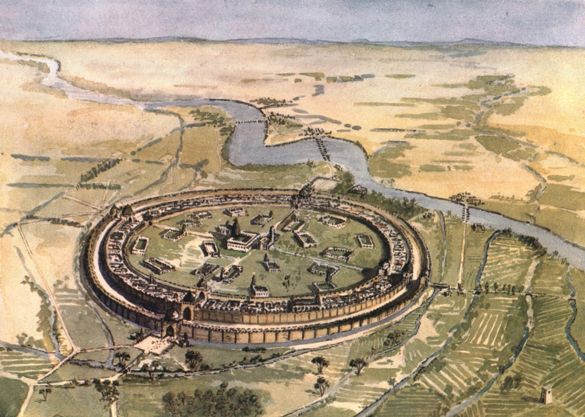 A 1915 painting by Edmund Sandars depicting Baghdad as it would have appeared in the eighth century, in the days of Abu Jafar al-Mansur.
