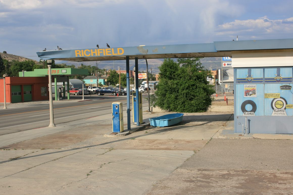Historic gas station at the west edge of downtown Ely.