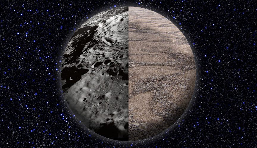 Scientists often use the remote Devon Island (at right), in Baffin Bay, as a proxy for Mars or the Moon (left).