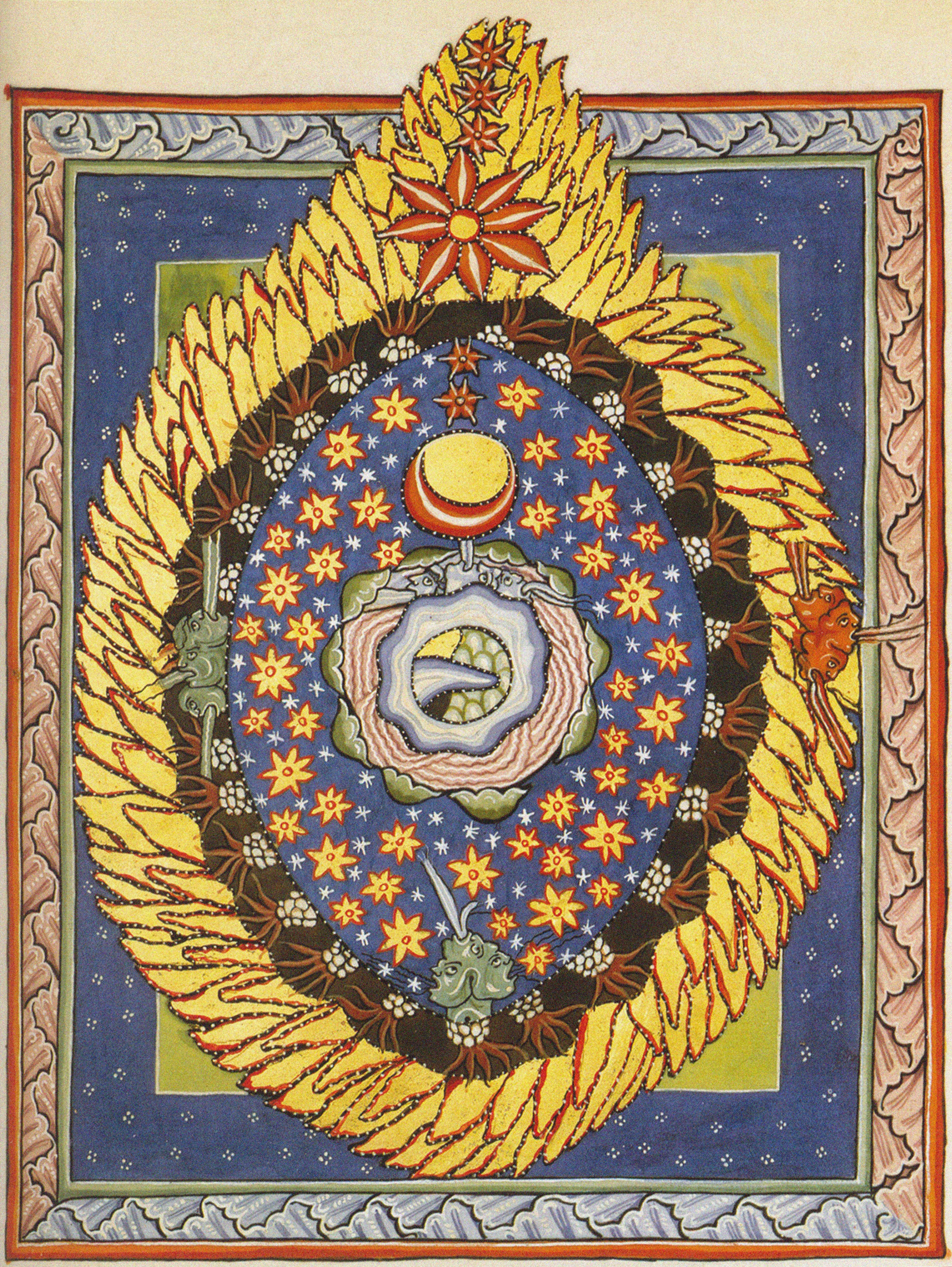 A depiction of the "cosmic egg" of the universe, encircled by the flames of God's love, from one of Hildegard's books on her visions.