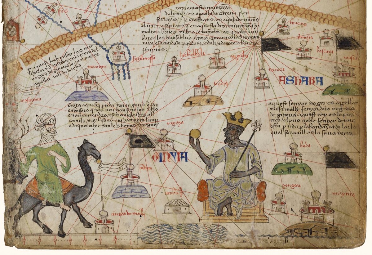 An illuminated atlas depicts Mansa Musa, emperor of Mali from 1312 to 1337, widely known for his vast vast wealth in the form of gold deposits.