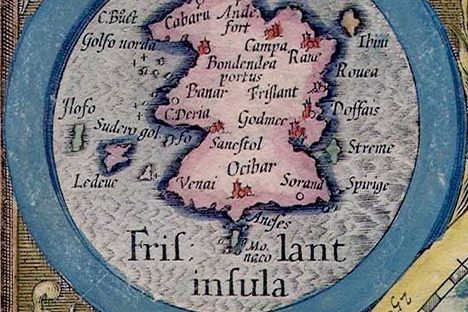 A detail of the fictional Frisland, from a 1623 map of the North Pole.