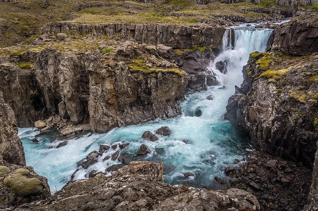The Sveinstekksfoss waterfall in Djúpivogur, Iceland.