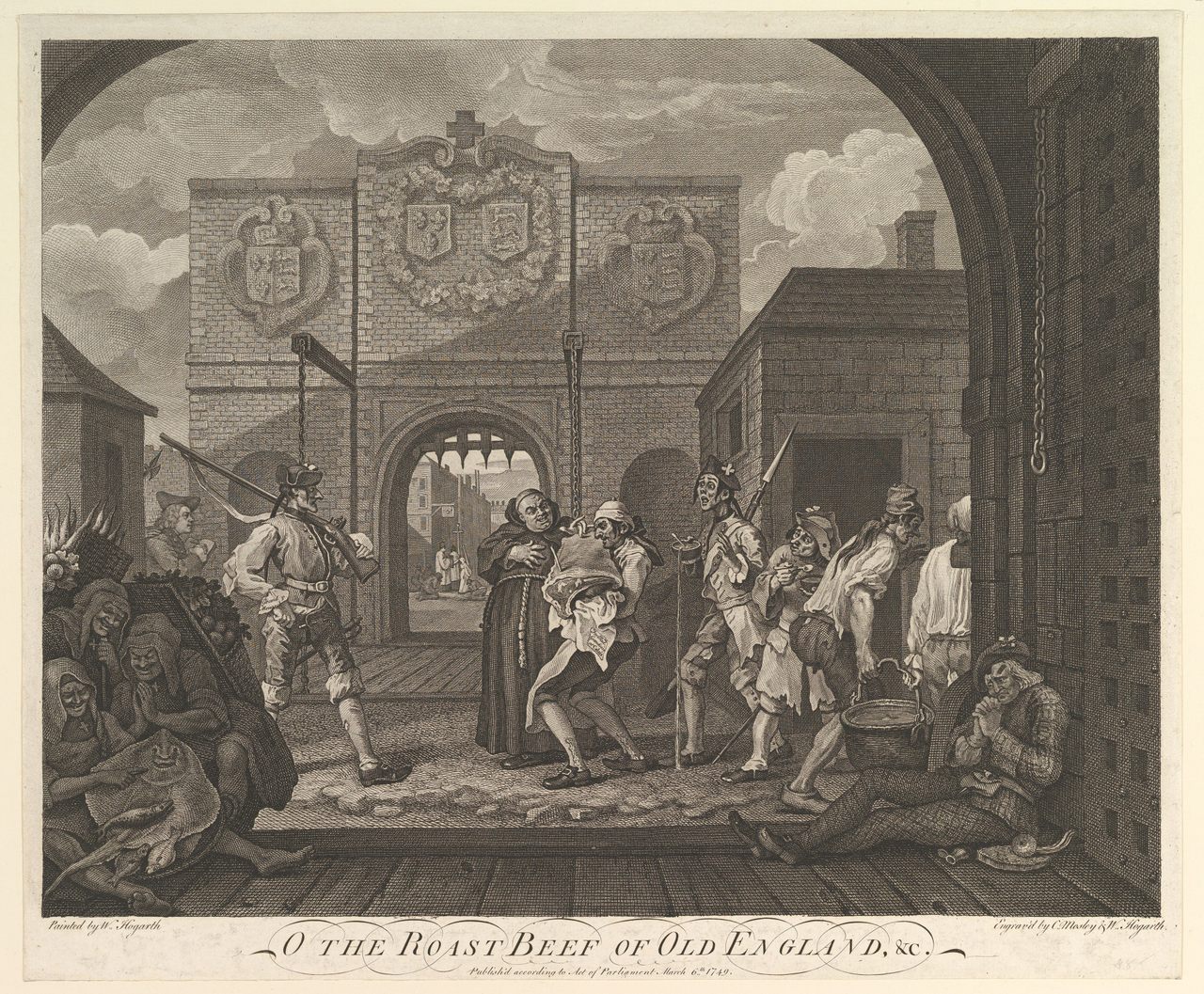 Hogarth's "O the Roast Beef of Old England (The Gate of Calais)" captured his sentiments as a society member.