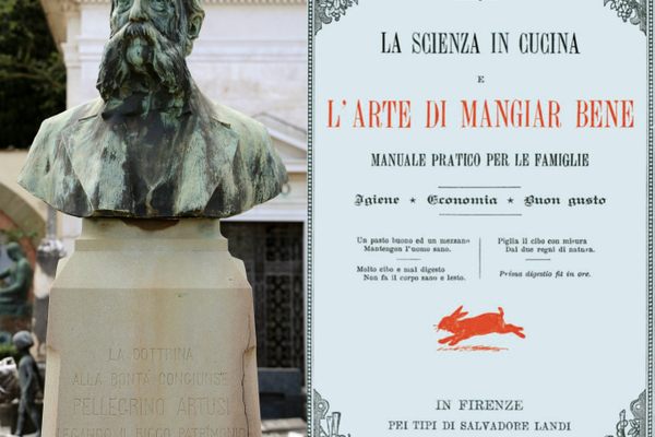 Left: Artusi's grave monument in Cimitero delle Porte Sante, Florence. Right: the first edition cover of Scienza in cucina highlights the cookbook's three major themes: "hygiene, economy, and good taste."