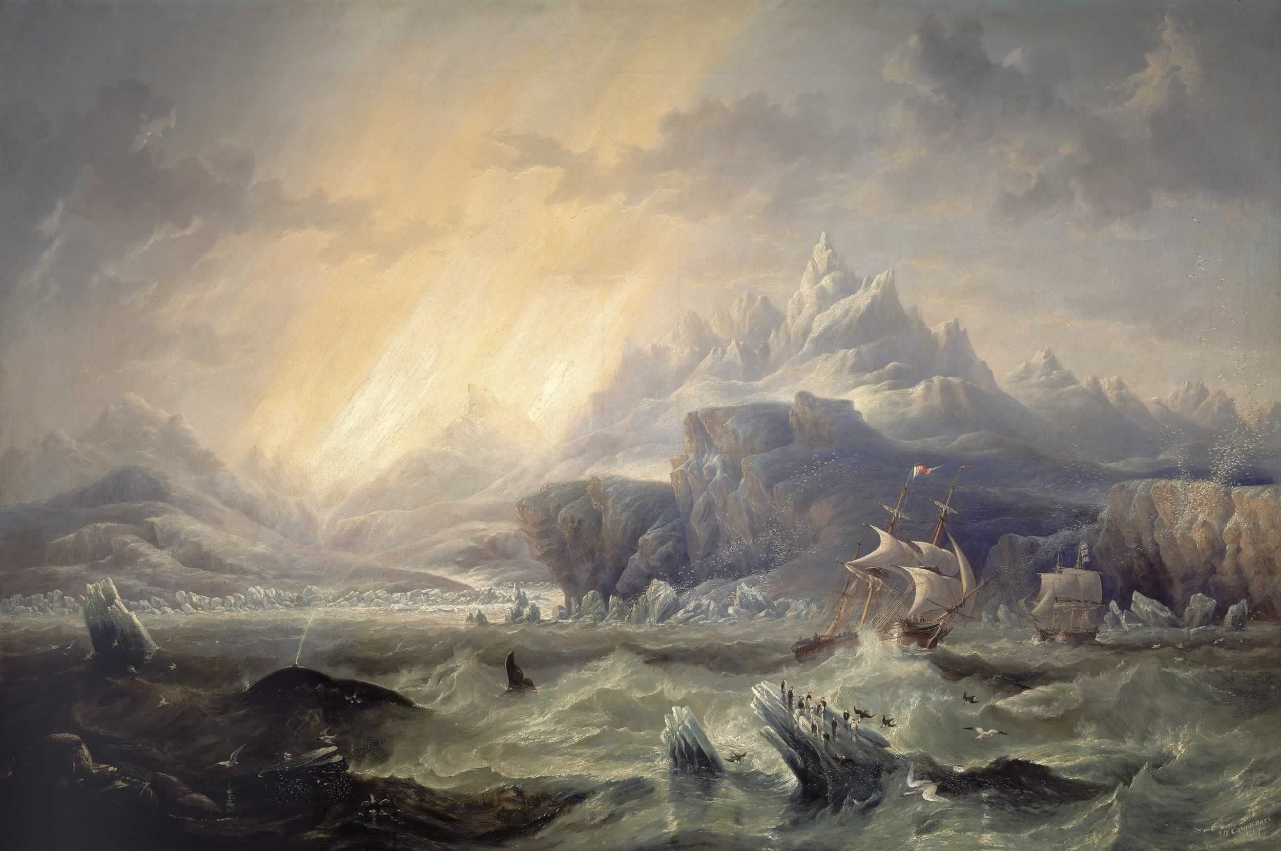 Artist John Wilson Carmichael's rendering of the HMS Erebus and HMS Terror sailing in the Arctic. Produced in 1847.