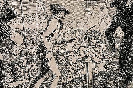 George Wilson, shown walking on a road lined with people, 1815.
