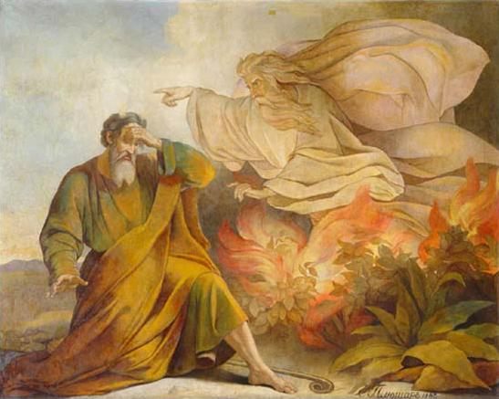 God appears to Moses as a burning bush, as depicted by Eugène Pluchart in 1848.