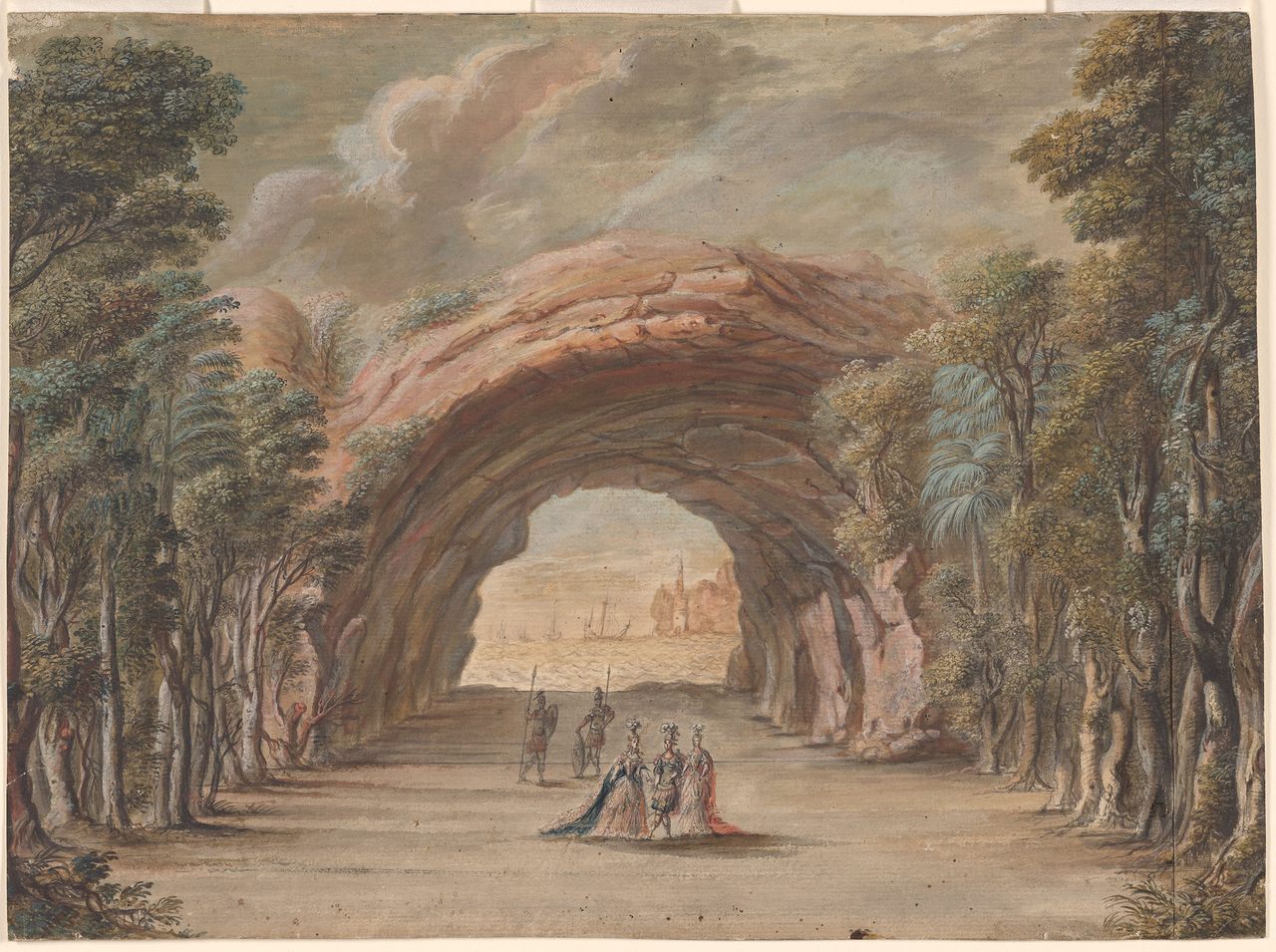 A Torelli set known as “Sea with Ships seen through a Rocky Cavern." Likely originally designed for a failed 1647 production of <em>Orpheus</em>, it was reused in 1650 for <em>Andromeda</em>.