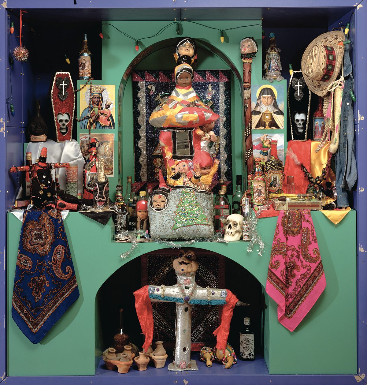 A Haitian voodoo altar, bringing together a wide range of symbolic objects and religious imagery. 