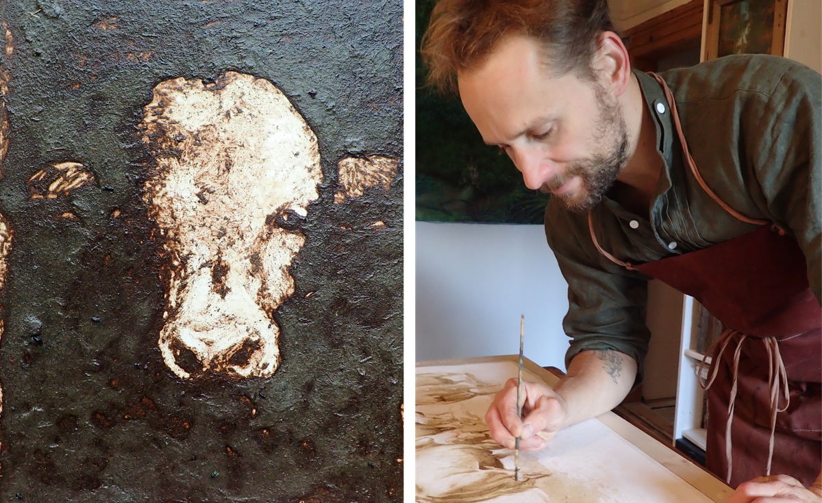 This cow close-up (left) evokes one of Rembrandt's self-portraits. It's the handiwork of Härtl (right), hard at work in the studio.