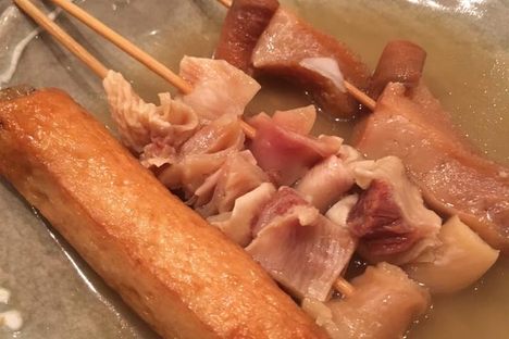 Saezuri (last skewer on the right), photographed by Food historian Ken Albala at an oden in Japan.