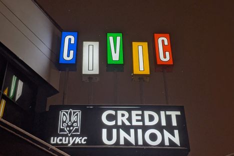 The renovated Civic Pharmacy sign, as seen in 2020.