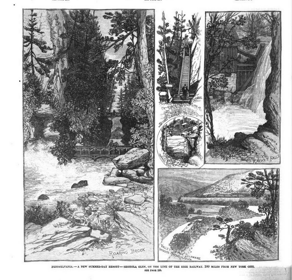 A wood engraving print features in <em>Frank Leslie's Illustrated Newspaper</em> May 23, 1885, showing the attractions at the Shohola Glenn Amusement Park.