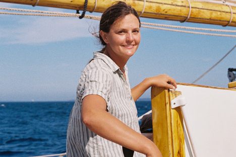 Captain Becky Wright aboard the 19th-century schooner Lewis R. French.
