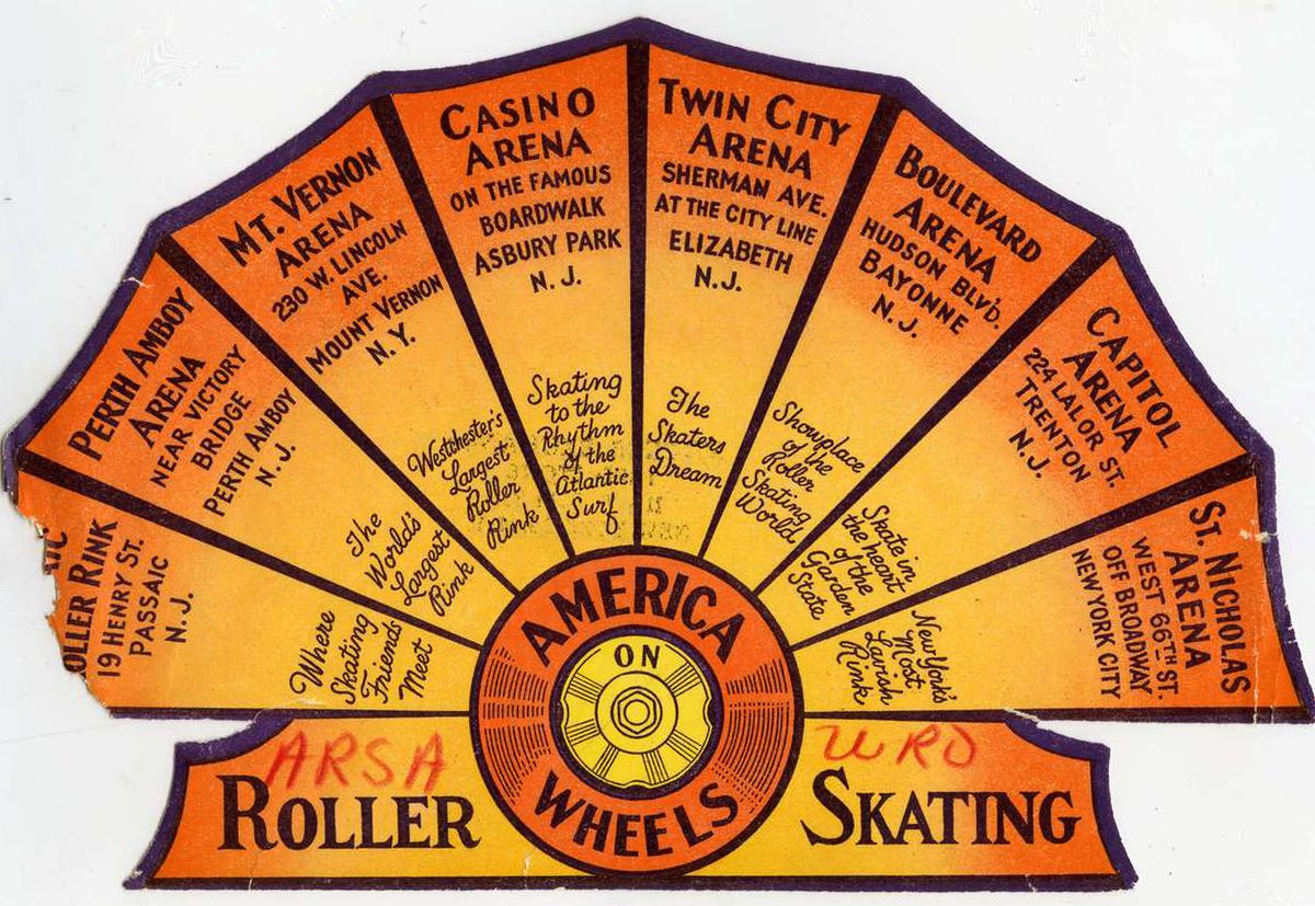 From the America on Wheels rink chain, a sticker advertising eight different rinks across New York and New Jersey.
