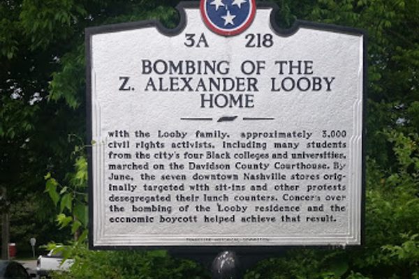 Placard detailing the bombing of the Looby House, erected by the State of Tennessee.