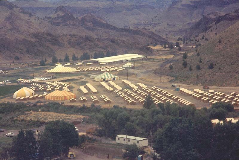 A tent city at Rajneeshpuram, "The Ranch's First Festival Year 1982"