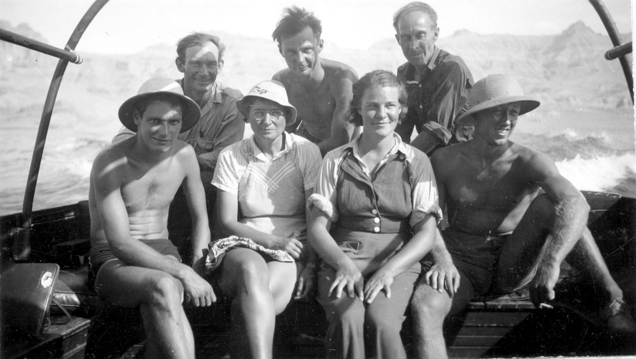 In 1938, Elzada Clover (first row, second from left) and Lois Jotter (first row, second from right) were the first non-Indigenous women to raft the Colorado River through the Grand Canyon.
