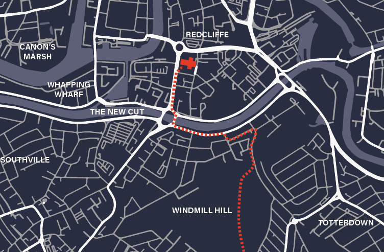 The annual pipe walk (shown in red) moves north from the ancient well, through neighborhoods and Victoria Park, before veering west to follow a 19th-century diversion.