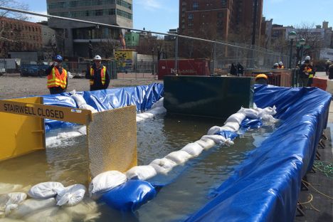 The flex gates to protect subway stations are tested with lots of water.