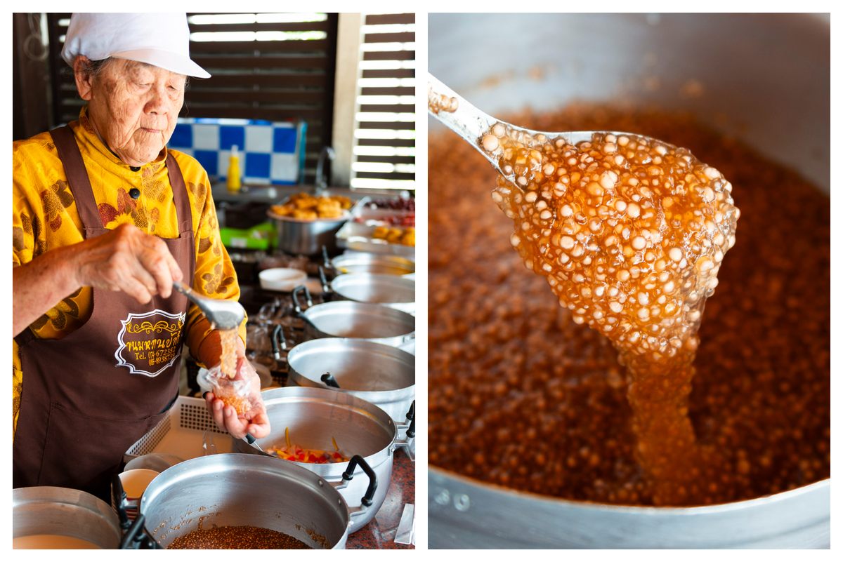 Real sago pearls are an increasingly hard-to-find treat in Thailand [left]; sago pearls are dressed with coconut milk at Kanomwaan Pakee [right].