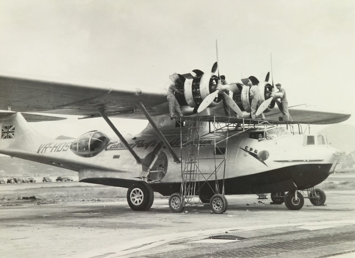 Cathay Pacific Airways Vickers OA-10 Catalina undergoing maintenance at Kai Tak Airport, circa 1949.